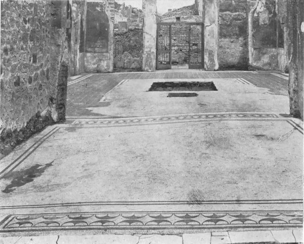 IX.8.6 Pompeii. c.1930. Room 9, looking north across flooring in tablinum, towards atrium and entrance doorway. 
See Blake, M., (1930). The pavements of the Roman Buildings of the Republic and Early Empire. Rome, MAAR, 8, (p.98, 104, & Pl.33, tav.3).
