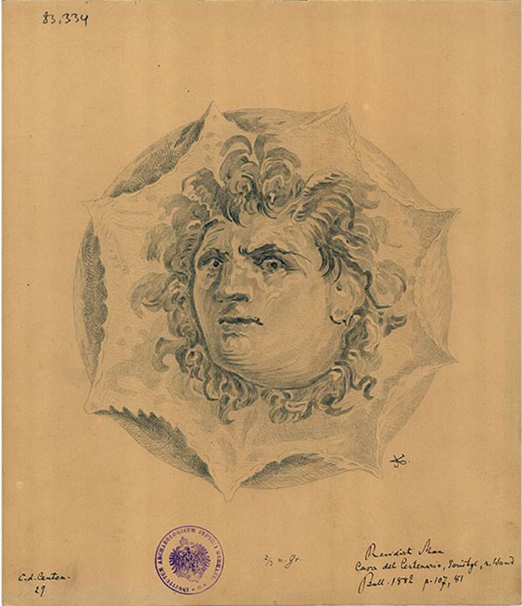 IX.8.6 Pompeii. Drawing of head of Borea, the north wind, from peristyle.
See BdI, 1882, p.107, no.81.
DAIR 83.334. Photo  Deutsches Archologisches Institut, Abteilung Rom, Arkiv.
See http://arachne.uni-koeln.de/item/marbilderbestand/236078
