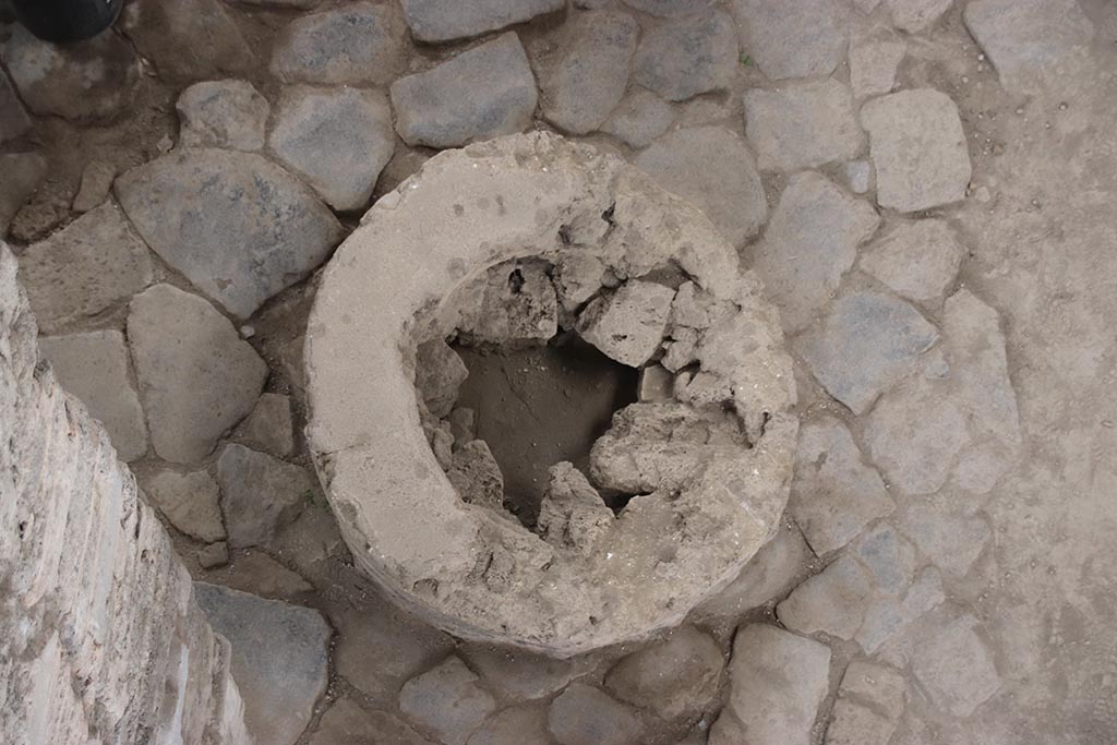 IX.12.6 Pompeii. October 2024. Bakery room “f”, mill base next to front corner of oven “d”.
Photo courtesy of Klaus Heese.