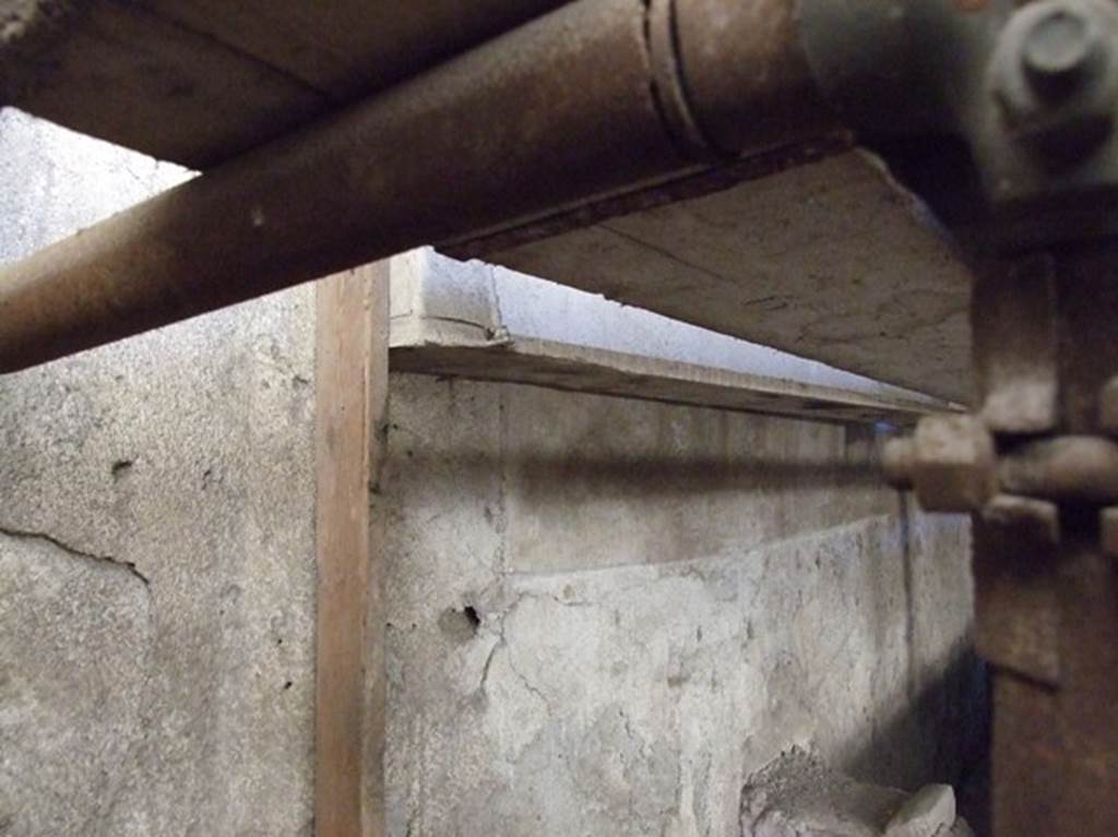 IX.12.6 Pompeii. March 2009. Room “n1”, west wall of internal garden.
Lararium painting behind boarding, showing Hercules being presented to twelve gods in the upper part.
Underneath are 2 serpents approaching an altar.
See Nappo, S., 1998. Pompeii: Guide to the lost City. London: Weidenfeld and Nicolson. (p.57).