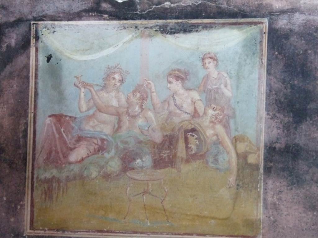 IX.12.6 Pompeii. March 2009. Room “m”, east wall of triclinium. Painting of banqueting scene.