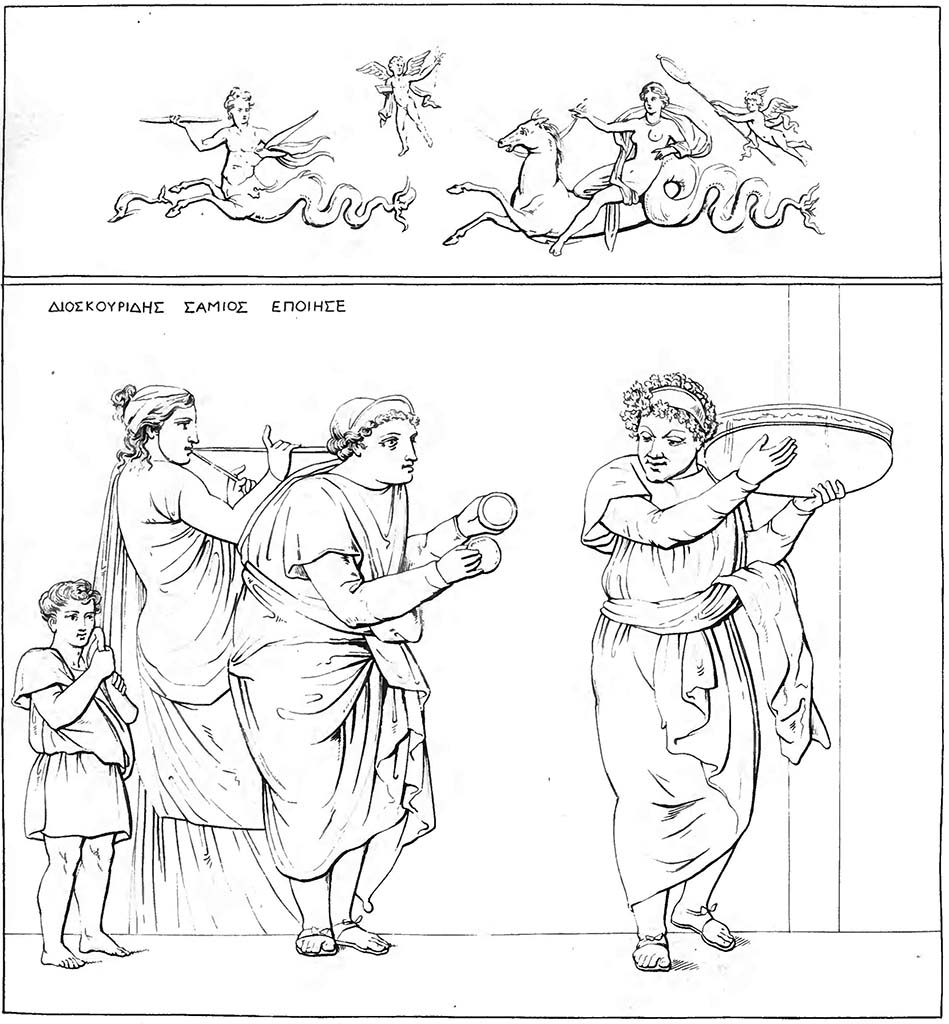 HGW06 Pompeii. Pre-1843. Drawing by Abbate of mosaic found 8th April 1763.
Now in Naples Archaeological Museum. Inventory number 9985.
See Raccolta de più interessante Dipinture e di più belle Musaici rinvenuti negli Scavi di Ercolano, di Pompei, e di Stabia. 1843. Napoli.
