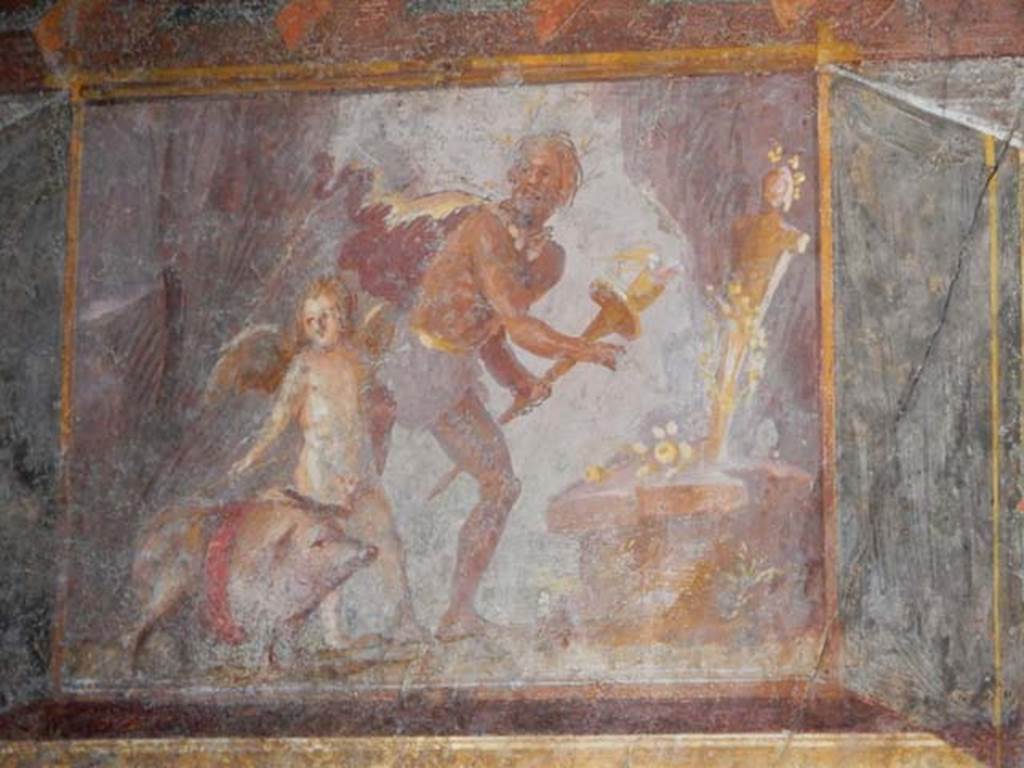 Villa of Mysteries, Pompeii. May 2015. Room 4, upper wall, north-east corner with painting of sacrifice of a pig to Priapus.  Photo courtesy of Buzz Ferebee.
