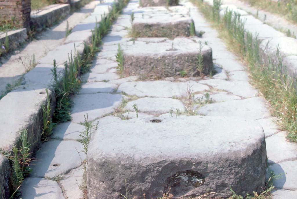 Via degli Augustali, Pompeii, 1971. Detail of roadway and stepping stones.
Photo courtesy of Rick Bauer, from Dr. George Fay’s slides collection.


