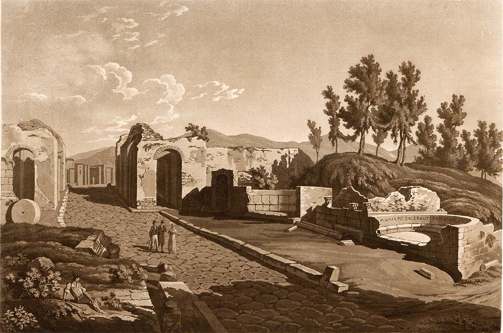 Via dei Sepolcri. Pre-1824 painting “Entrée de Pompei du Cote d’Herculanum” by Jakob Wilhelm Huber.
See Huber, J. W., 1824. Vues pittoresques des ruines les plus remarquables de l’ancienne ville de Pompei, pl. III.