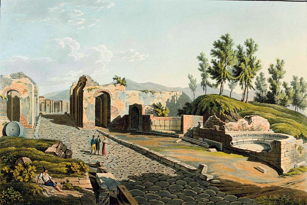 Via dei Sepolcri. Pre-1824 aquatint “Entrée de Pompei du Cote d’Herculanum” by Jakob Wilhelm Huber.
See Huber, J. W., 1824. Vues pittoresques des ruines les plus remarquables de l’ancienne ville de Pompei, pl. III.