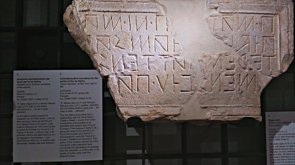 Via dei Sepolcri, (?), Pompeii.
Limestone commemorative inscription for the works of the Via Salina, written in Oscan from right to left. End of the 3rd-2nd century BC.
Now in Naples Archaeological Museum, inv. 2546/110671 (Vetter 9-10)._
According to the information card – it reads –
“P. Matius (son of) P. and Nimsius Maraius (son of P.), aediles, delimited the Via Salina (Salina road) and …… the road is wide …….perticae.”
Photo courtesy of Giuseppe Ciaramella, June 2017.
(Note: the word “perticae” is a Roman rod measuring 10 feet.)