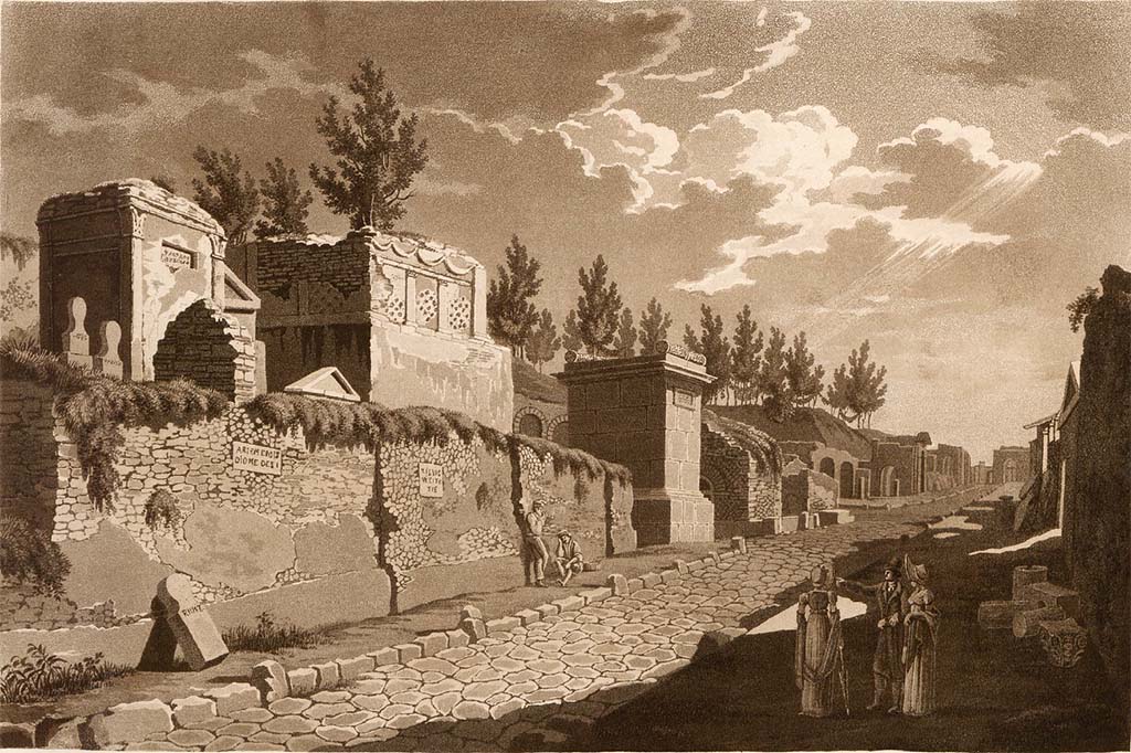 Via dei Sepolcri. Pre-1824 painting “Rue des Tombeaux” by Jakob Wilhelm Huber showing tombs and Via dei Sepolcri.
See Huber, J. W., 1824. Vues pittoresques des ruines les plus remarquables de l’ancienne ville de Pompei, pl. II.