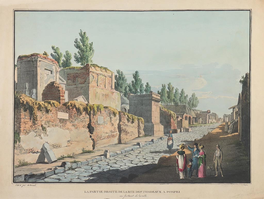 Via dei Sepolcri.
1818 painting “La partie droite de la rue des Tombeaux à Pompei en sortant de la ville” by Jakob Wilhelm Huber, coloured by Antonalli.