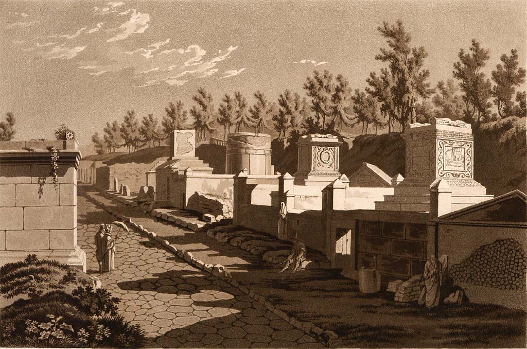 Via dei Sepolcri. Pre-1824 painting “Rue des Tombeaux a l ’entrée de la Ville” by Jakob Wilhelm Huber.
See Huber, J. W., 1824. Vues pittoresques des ruines les plus remarquables de l’ancienne ville de Pompei, pl. I.