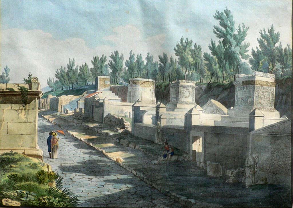 Via dei Sepolcri. Pre-1824 aquatint “Rue des Tombeaux a l ’entrée de la Ville” by Jakob Wilhelm Huber.
See Huber, J. W., 1824. Vues pittoresques des ruines les plus remarquables de l’ancienne ville de Pompei, pl. I.