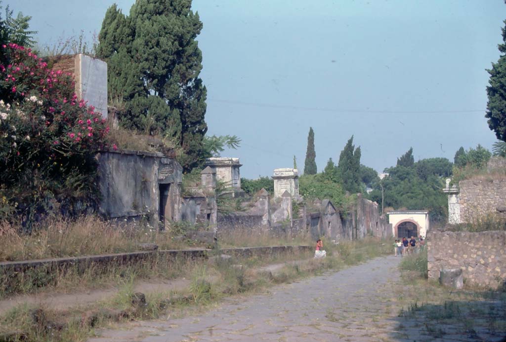Via dei Sepolcri, Pompeii. 8th August 1976. Looking north along west side from near HGW17, on left.
Photo courtesy of Rick Bauer, from Dr George Fay’s slides collection.