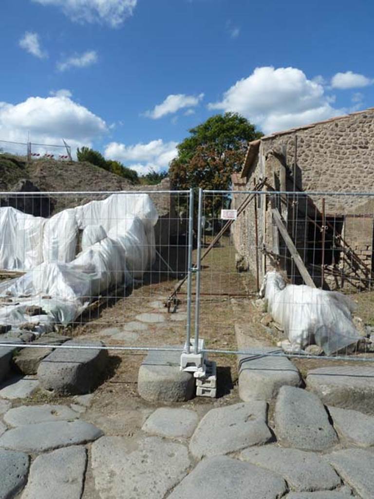 III.3.6 Pompeii, on left. September 2015. Looking north towards Vicolo di Ifigenia, and III.4.1, on right.