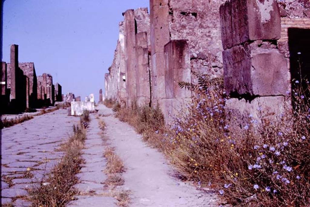 Via dell’Abbondanza, Pompeii. 1966. Looking west towards fountain and junction with with Vicolo di Eumachia, from VII.13.6. Photo by Stanley A. Jashemski.
Source: The Wilhelmina and Stanley A. Jashemski archive in the University of Maryland Library, Special Collections (See collection page) and made available under the Creative Commons Attribution-Non Commercial License v.4. See Licence and use details.
J66f0534
