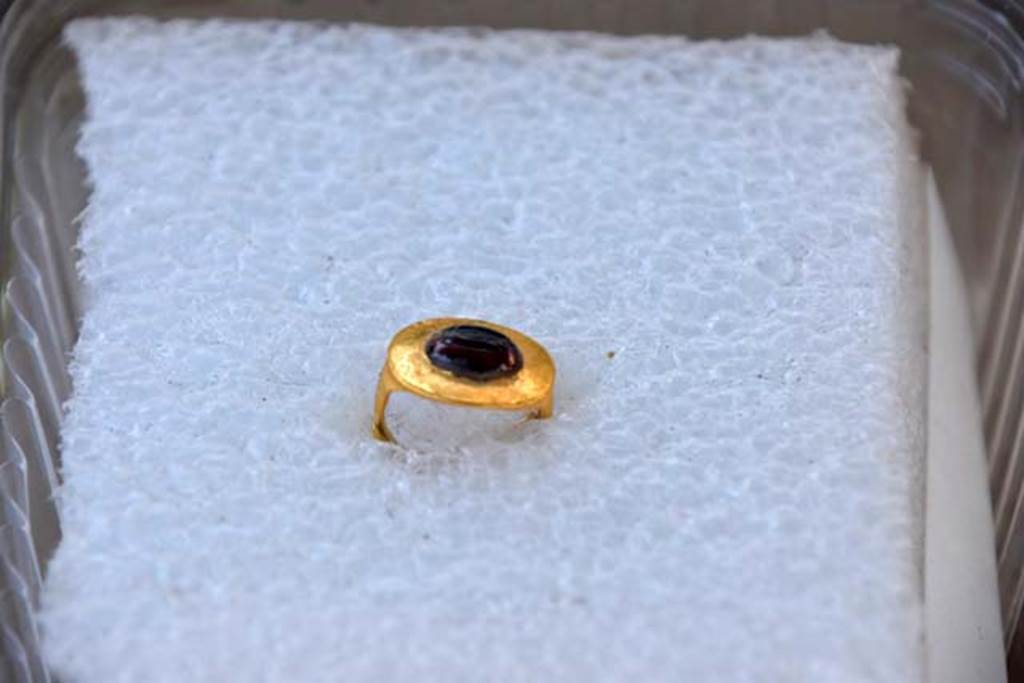 Santuario extraurbano del Fondo Iozzino. 2014 excavations. Gold ring with red stone in centre.
Anello d'oro con pietra rossa al centro.
Photograph © Parco Archeologico di Pompei.