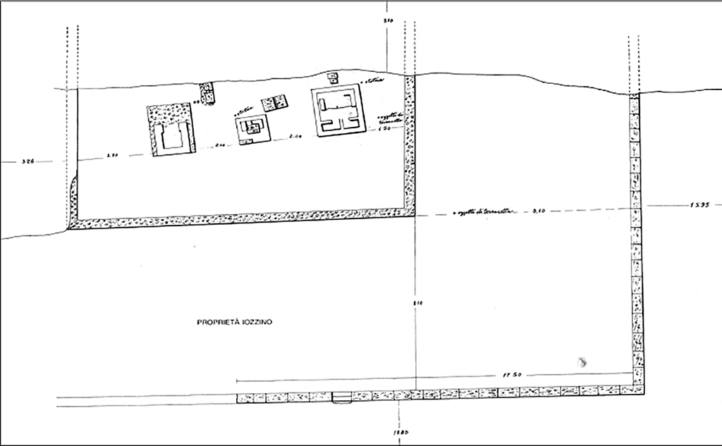 Santuario extraurbano del Fondo Iozzino. Plan of sanctuary. North is at the top.
Two concentric quadrangular enclosures were found.
The outer wall was thick and built in limestone.
The inner wall, rebuilt in the second century BC, was in opus incertum in tufa.
The inner wall surrounded three small temples.
This kind of structure revealed the secret nature of the cult, with ceremonies restricted to initiates.
See Coarelli F., 2002. Pompeii: English Language edition, p. 100-1.
See Casadio G., Johnston P. A. (Eds.), Mystic Cults in Magna Graecia, p. 249, note 18.
The plan shows the find locations of two of the statues.
One is outside the north-west corner of the central temple and the other outside the north-east corner of the eastern temple.
The find locations of two of the terracotta objects are also shown.
Photograph © Parco Archeologico di Pompei.