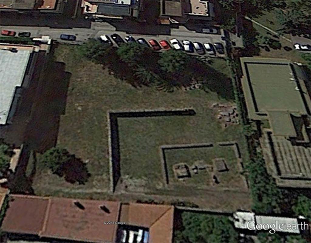 Santuario extraurbano del fondo Iozzino. August 2012. Looking south.
According to Coarelli, the three temples were open towards the north and had various altars between them.
This indicated a complex cult, dedicated to several “underworld” divinities.
Two female statues, dating from the end of the second century BC, were discovered, one full size and one half size.
These were almost certainly likenesses of Hecate and of Demeter, whose Roman equivalent was Ceres
This must have been a sanctuary to Hecate, Jupiter Meilichios and Ceres.
It was located at an important intersection outside Pompeii, near the port and the mouth of the Sarno.
See Coarelli F., 2002. Pompeii: English Language edition, p. 100-1.
Photo courtesy of Google Earth.