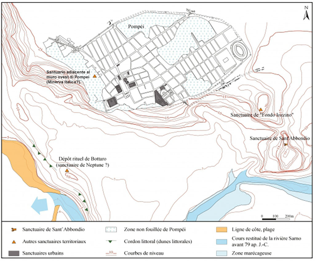 Sanctuary of Minerva Italica adjacent to the west side of Pompeii. Plan after Guzzo 2005, p. 12-13, amended to include the Sanctuary.
Santuario di Minerva Italica adiacente al lato ovest di Pompei. Piano di Guzzo 2005, p. 12-13, modificato per includere il Santuario.