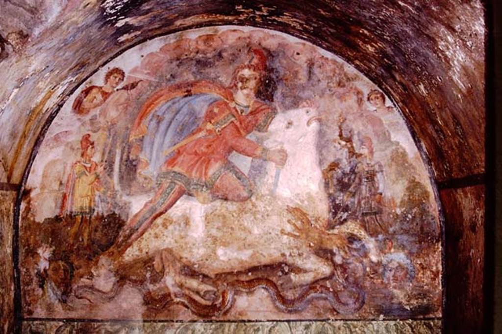 Santa Maria Capua Vetere, Mithraeum. 1974. West wall. Tauroctony or painting of Mithras slaying the sacred bull. Photo by Stanley A. Jashemski.
Source: The Wilhelmina and Stanley A. Jashemski archive in the University of Maryland Library, Special Collections (See collection page) and made available under the Creative Commons Attribution-Non Commercial License v.4. See Licence and use details.
J74f0579