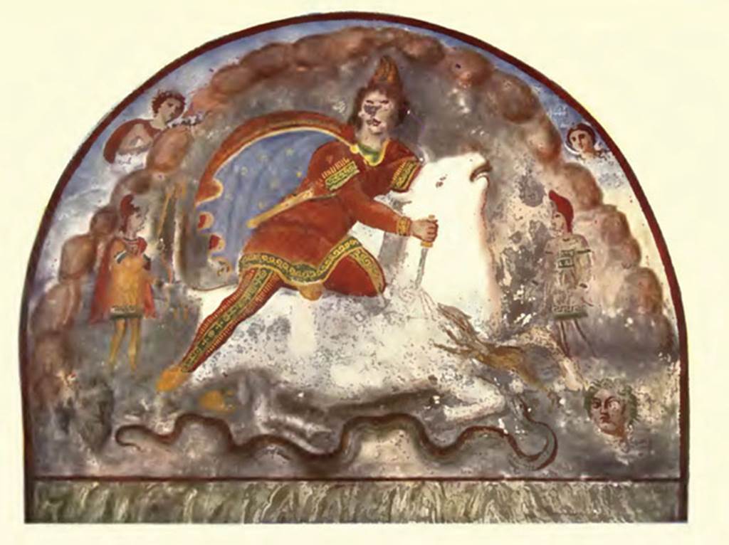 Santa Maria Capua Vetere, Mithraeum. 1922. West wall. Tauroctony or painting of Mithras slaying the sacred bull.
According to Minto, Mithras in oriental dress is slaying the sacred bull.
In the sky, top left is Sol with red hair, a red cape and holding a golden sceptre.
In front of Sol perched on a rock is a raven, the gods messenger.
In the sky, top right is Luna/Diana with long hair and a crescent moon showing.
Inside the cave, in Phrygian costume, with bow and quiver are the double incarnations of the god that rises in the morning, and in the evening declines on the horizon, and rises or falls to the earth in spring equinoxes and autumn.
Bottom left is the bearded Oceanus and bottom right is Terra with the head covered in green to symbolise vegetation.
See Notizie degli Scavi di Antichità, 1924 p. 360, Tav XVII.