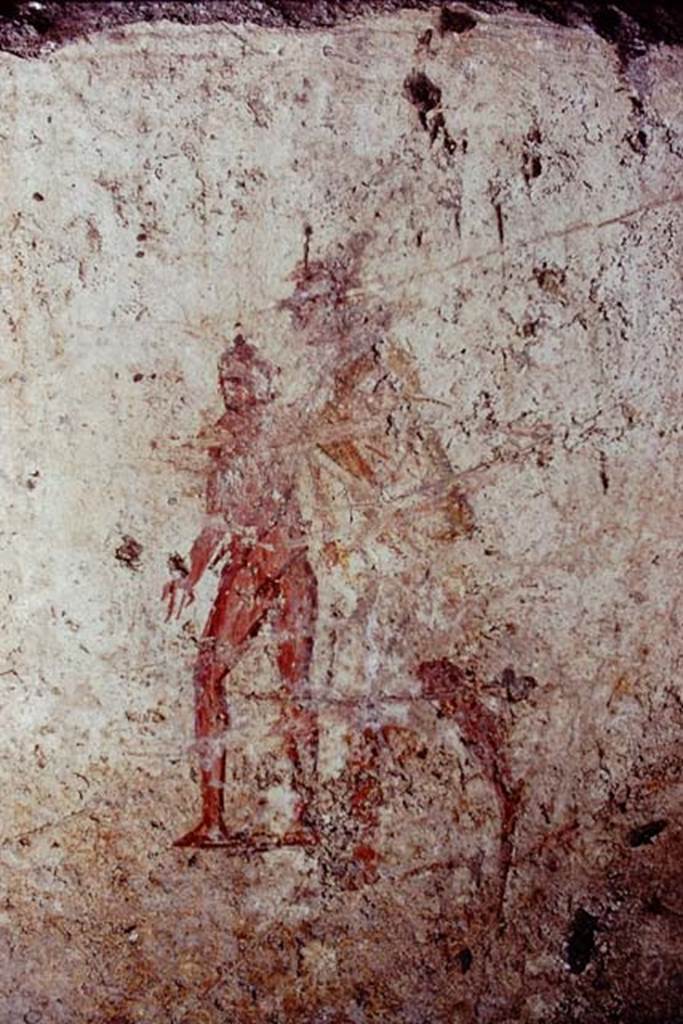 Santa Maria Capua Vetere, Mithraeum. 1974. Initiation painting of the initiate and his teacher, located on front of benches.
Photo by Stanley A. Jashemski.
Source: The Wilhelmina and Stanley A. Jashemski archive in the University of Maryland Library, Special Collections (See collection page) and made available under the Creative Commons Attribution-Non Commercial License v.4. See Licence and use details.
J74f0584