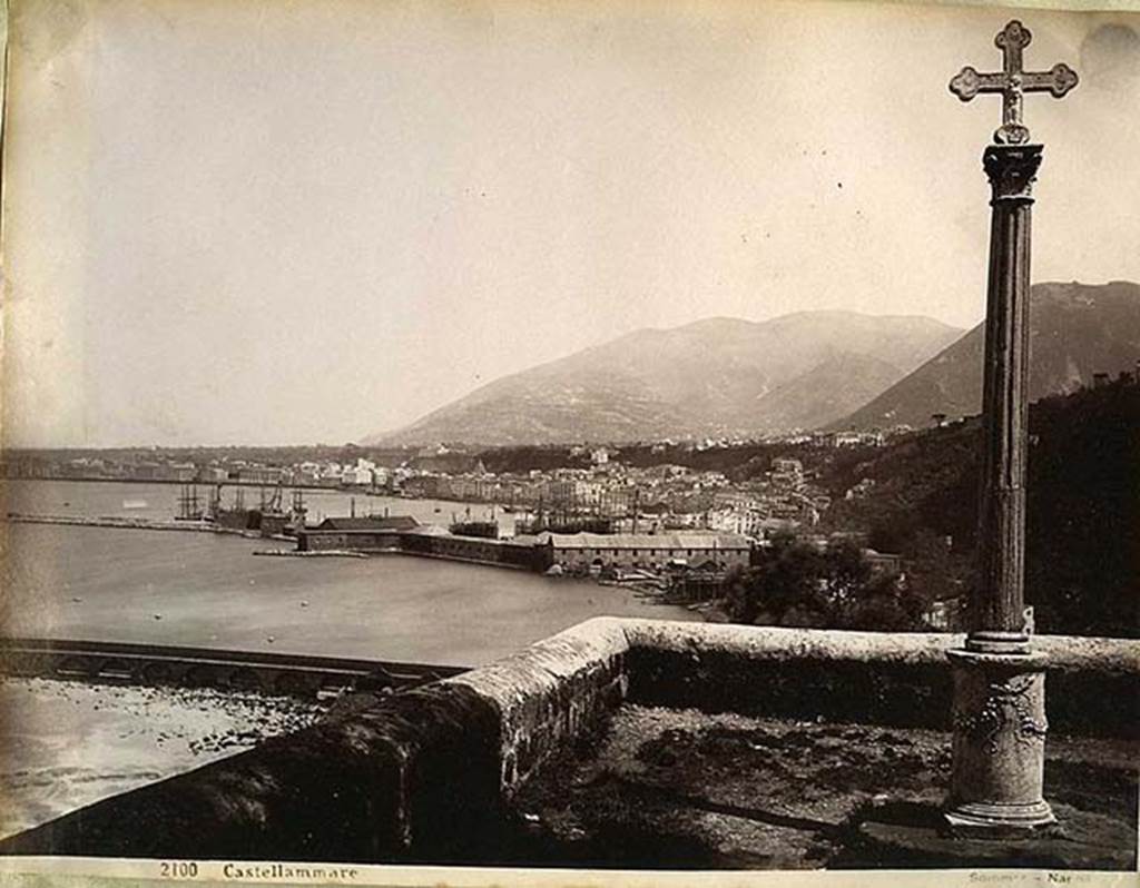 Stabiae Temple of Diana. Late 19th century Giorgio Sommer photograph of white marble altar.
During the 18th and 19th centuries the altar was used to support a Corinthian column at the top of which was a cross.
This was located in a panoramic position on the old Sorrento road.
It suffered considerable exposure to sea air, oxidisation and vandalism before being replaced by a resin copy and the original removed and restored.
This can be seen on the cover of “Pompei tra Sorrento e Sarno” in a position overlooking Castellammare di Stabia.
There is also a photo c.2001, on the inner front leaf, showing it still in situ and covered in graffiti, taken by M. Russo.
See Comitato per gli Scavi di Stabia. “Pompei tra Sorrento e Sarno”, Rome: Bardi Editore, 2001.
See Pagano M., 2003 in Rivista di Studi Pompeiani XIV. Roma: L’Erma di Bretschneider. p. 349-351, figs. 6-8.
