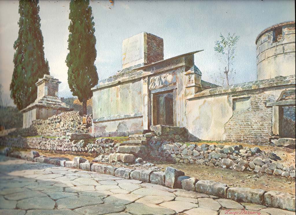 HGW17 Pompeii, in centre. Undated watercolour by Luigi Bazzani of tombs on west side of Via dei Sepolcri. 