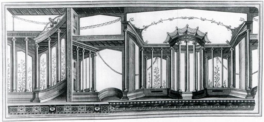 III.11 Herculaneum. Room 9. 1757 engraving by Gaultier of architectural design of upper part of wall.
Now in Naples Archaeological Museum. Inventory number 8592.
See Antichit di Ercolano: Tomo Primo: Le Pitture 1, 1757, p. 213, tav. 39.
See Allroggen-Bedel A., 2002. Gli scavi Borbonici nelle Ville Stabiane Pitture Antiche e Gusto Settecentesco. P. 103-4 and note 37, fig. 4.
