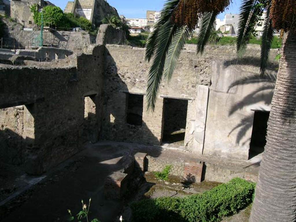 III.11 Herculaneum, May 2005. Looking north-west across the garden peristyle.
Doorway to room 16 is on the left, with doorway to room 17 also in west wall.
In the north wall is a doorway to room 13, with window, and room 12, behind the tree trunk. Photo courtesy of Nicolas Monteix.
