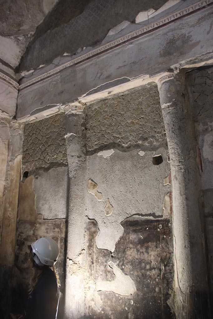 Suburban Baths, Herculaneum, October 2025. 
Looking towards north wall and upper vaulted area of possible waiting room or diaeta. Photo courtesy of Klaus Heese.

