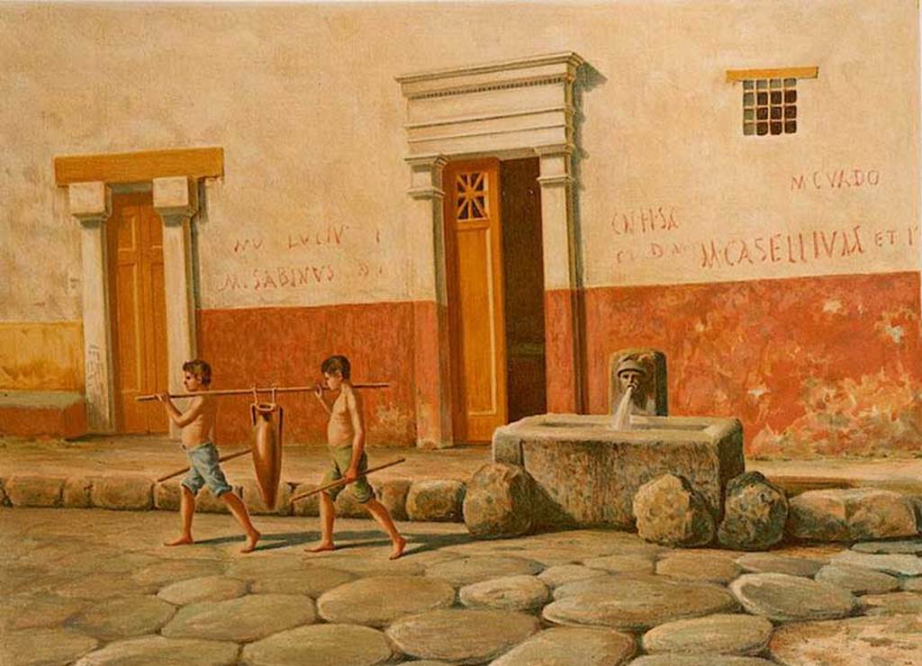 Strreet shrine at VI.8.24. 19th Century painting by D Capri of Idealised city street scene. This shows the fountain of Mercury and remains of street shrine painted on the wall at the rear. See Niccolini F, 1896. Le case ed i monumenti di Pompei: Volume Quarto. Napoli. (2 Taf A II).