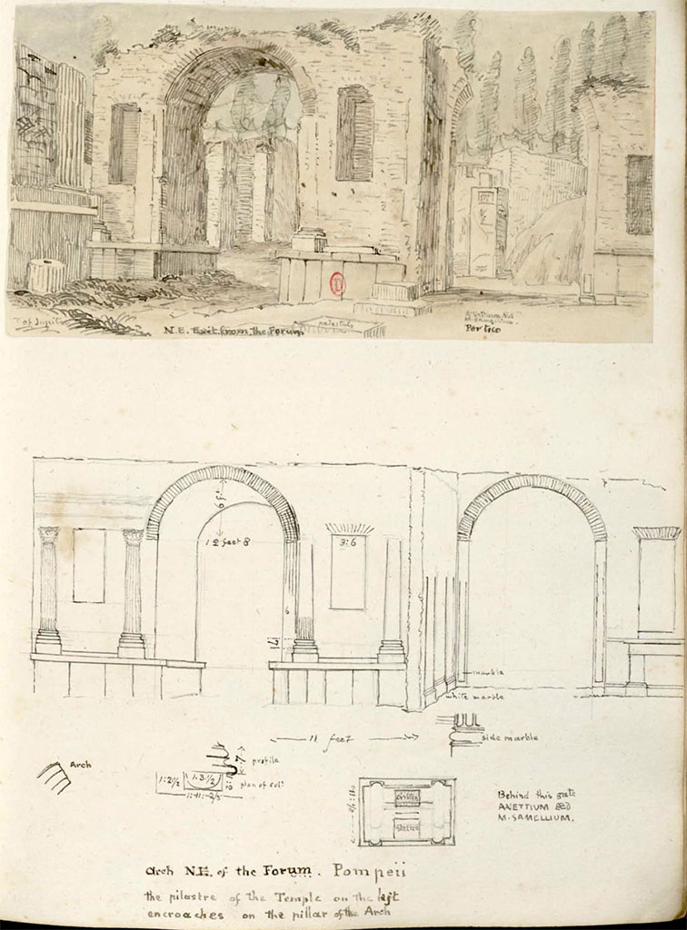 Arch at north-east end of the Forum. Between 1819 and 1832. Drawing by W. Gell, of N.E. exit from the Forum.
Note: the drawing below showing columns on the arch, on the left, as well as reconstructed arch, on the right.
See Gell, W. Pompeii unpublished [Dessins de l'édition de 1832 donnant le résultat des fouilles post 1819 (?)] vol II, pl. 7.
Bibliothèque de l'Institut National d'Histoire de l'Art, collections Jacques Doucet, Identifiant numérique Num MS180 (2).
See book in INHA Use Etalab Licence Ouverte
