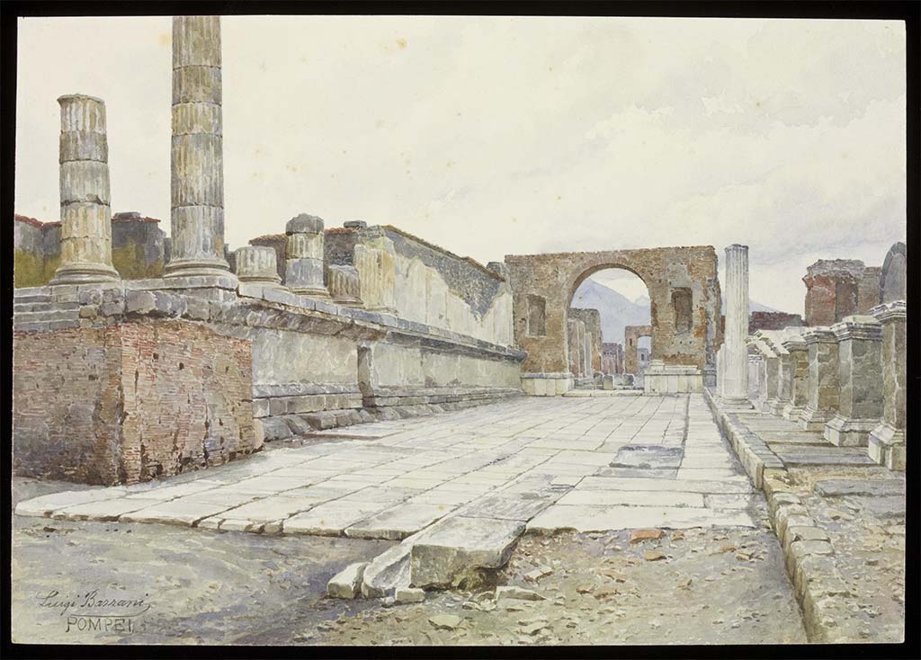 Arch at north-east end of the Forum. Undated watercolour painting by Luigi Bazzani looking north to arch from site of demolished Arch of Nero.
Photo © Victoria and Albert Museum, inventory number 1419-1901.

