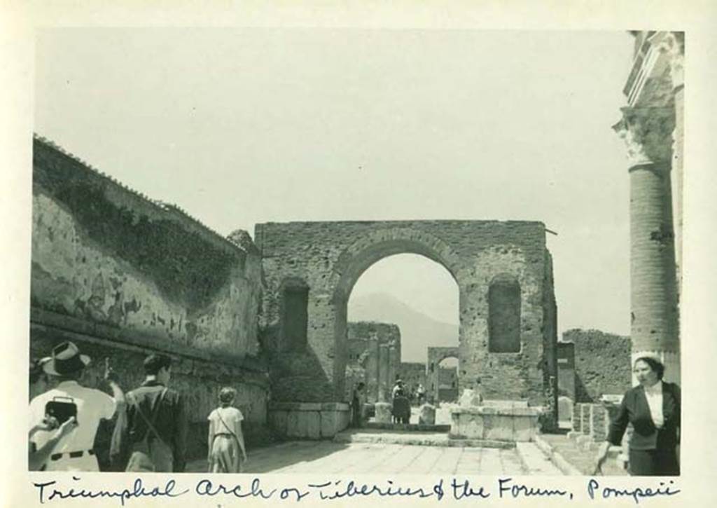 Arch at north-east end of the Forum. 1958. Looking north along the east side of the Forum to the arch.  Photo courtesy of Rick Bauer.
