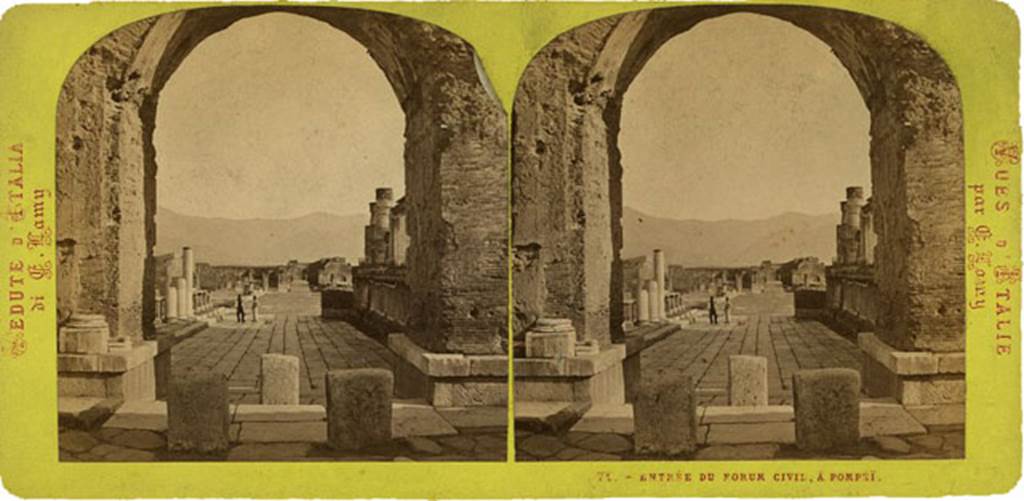 Arch at north-east end of the Forum. Old 19th century stereo view, looking south through arch from Via del Foro.