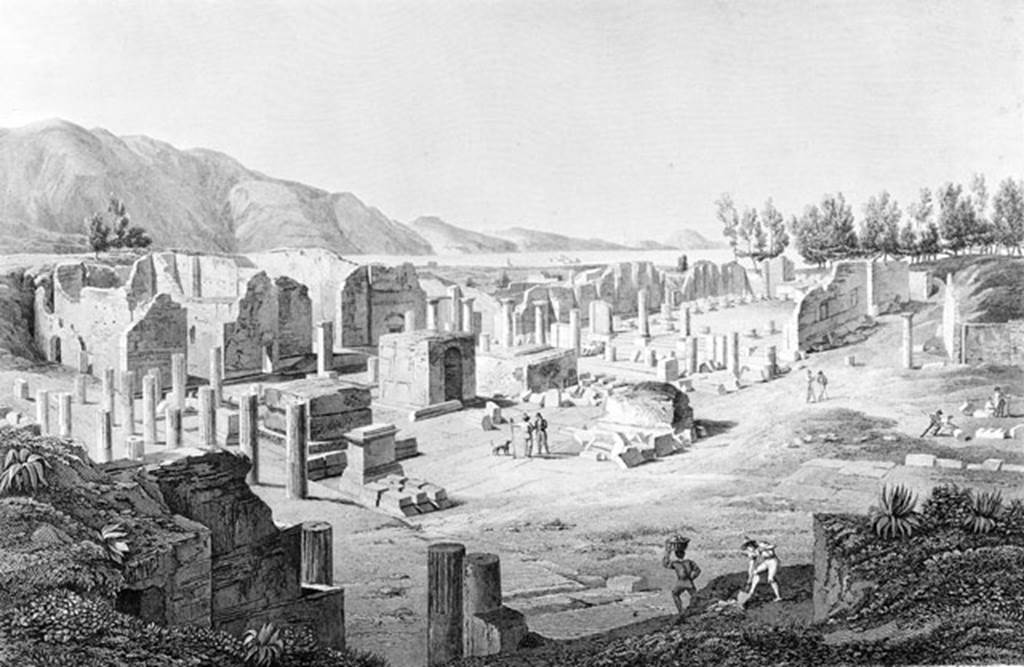 Arched monument at south end of Forum. About 1829. Looking down from above the Forum and across the bay to Sorrento. The remains of the arched monument and the others for the Imperial family are at the centre of the drawing. See Mazois, F., 1829. Les Ruines de Pompei: Troisieme Partie. Paris: Didot Freres. Plate XXIX.
