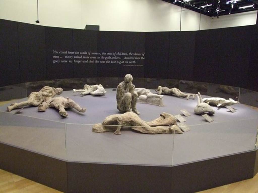 Porta Capua 2002. The Shackled Man in a group of casts of other victims. 
Photographed at “A Day in Pompeii” exhibition at Melbourne Museum.  September 2009.
