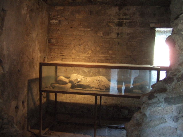 Villa of Mysteries, Pompeii. April 2019. First Victim. Body-cast from room 32, now on display in atrium. Photo courtesy of Rick Bauer.
The body of an adolescent with slender legs, gripped in the spasm of suffocation, her chest stretched out and lifted by the last gasp of breathing. 


