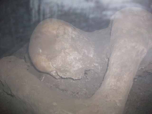 Villa of Mysteries, Pompeii. May 2015. First Victim. Detail of body-cast. Photo courtesy of Buzz Ferebee.
It was recognized as the body of an adolescent gripped in the spasm of suffocation, her chest stretched out and lifted by the last gasp of breathing. 

