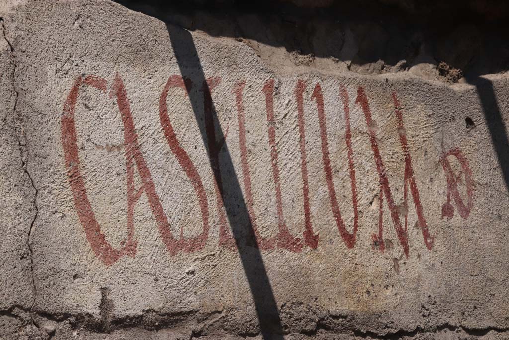 V.8, Pompeii. September 2021. 
Looking north towards painted graffiti on west end of south wall near the street shrine, on north side of Vicolo delle Nozze d’Argento. 
Photo courtesy of Klaus Heese.

