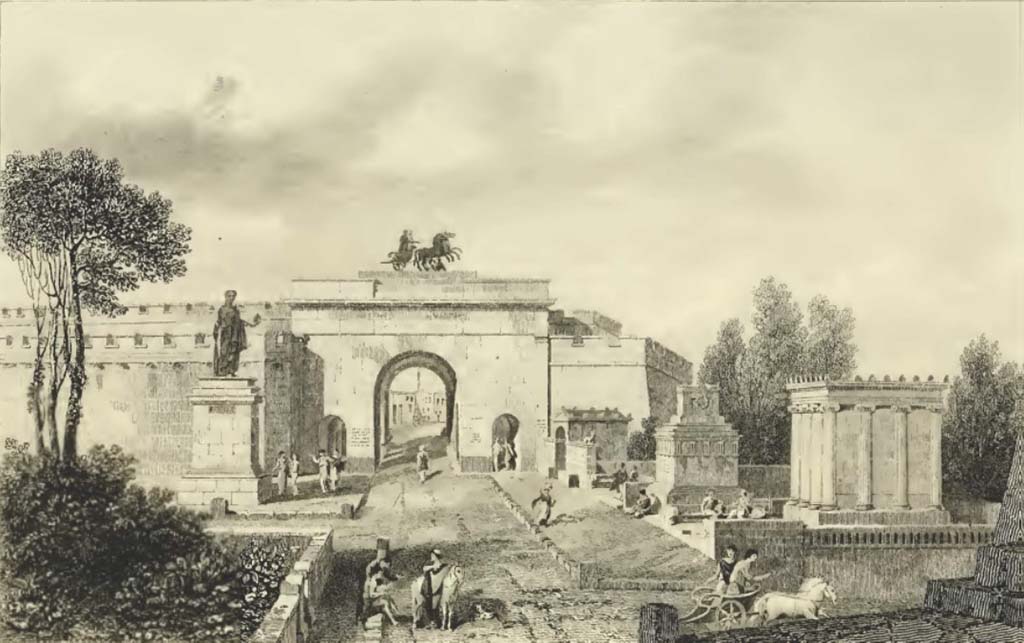 Porta Ercolano or Herculaneum Gate. Plate entitled “Entrance to the city from Herculaneum restored”. Engraved by G. Cooke. 
Looking south from near Via Pomeriale.
See Gell, W, and Gandy J. P., 1819. Pompeiana the topography edifices and ornaments. London: Rodwell and Martin, 1819. (p.137, Plate XIX).
According to Van der Graaff –
“These somewhat overzealous reconstructions clash with the physical remains. 
For example, Gell reconstructs full double parapets on either side of the gate, but an inn and stable flanked it to the south, whereas a staircase rather than the internal parapet abutted it to the north.”
See Van der Graaff, I. (2018). The Fortifications of Pompeii and Ancient Italy. Routledge, (p.130).

