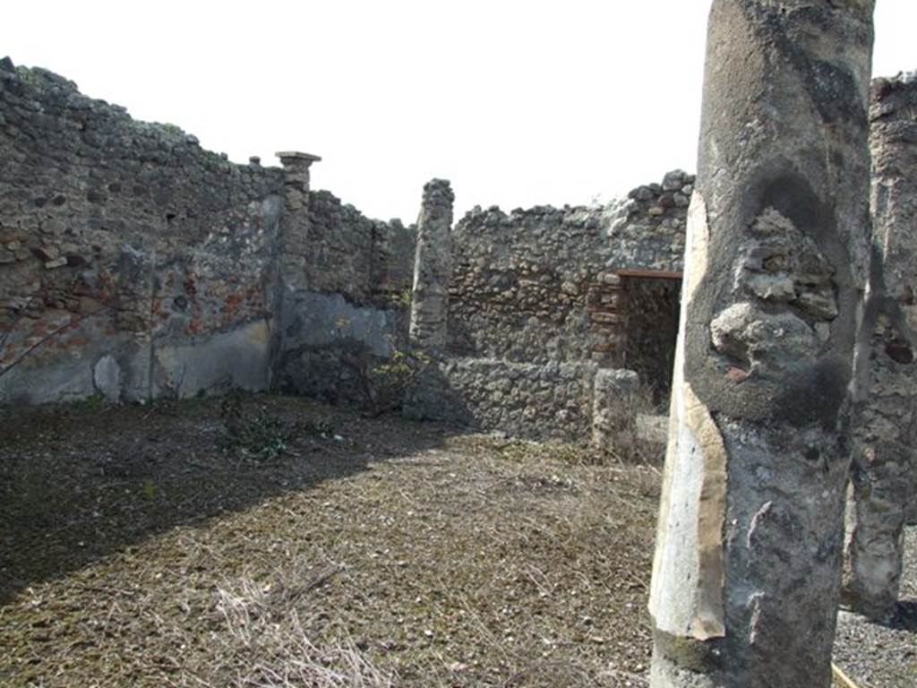 IX.2.17 Pompeii. March 2009. Room 9, garden area. Looking north-west towards north side and columns at the west end.
According to Boyce, the two columns at the west end of the north row were connected by a low wall (present height 1.50).
On the south side of this wall, facing the open area, was painted in red a simple aedicula with pediment (h.1.10.w.1.70).
Within the aedicula were painted two yellow serpents confronted at an altar. 
See Boyce G. K., 1937. Corpus of the Lararia of Pompeii. Rome: MAAR 14. (p. 81, no. 397B).

