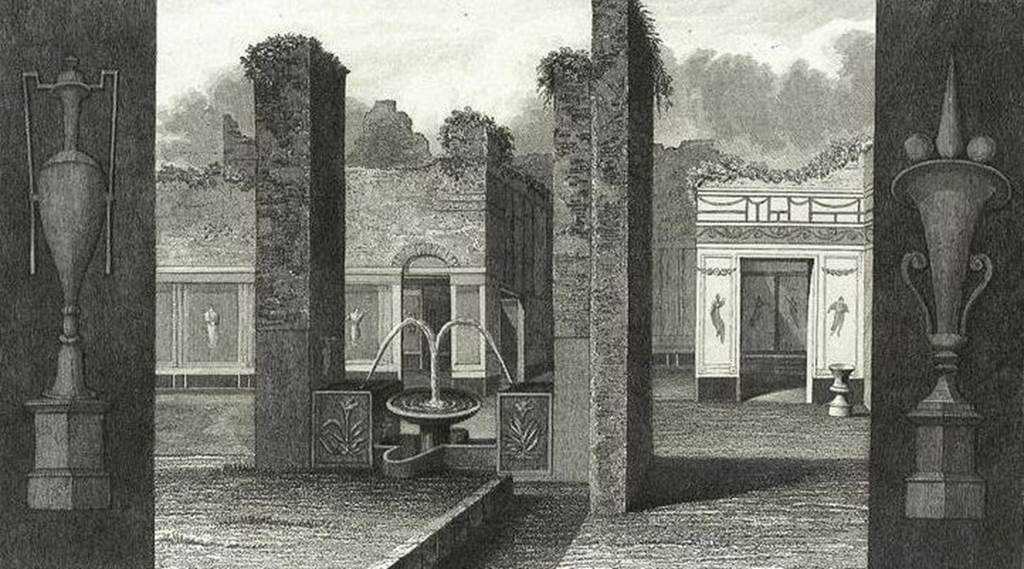VI.8.20 Pompeii. Fountain in the fullery of L. Veranius Hypsaeus, drawing by Gell.
Between the two pillars at the south end of the east side of the portico there was a fountain.
This was unlike any other fountain found at Pompeii so far.
It consisted of a marble basin supported by a small, fluted pedestal which stood in a pool of unusual shape.
Water jetted from pipes (concealed in the projection –a low wall attached to each pillar) falling into the basin.
It then overflowed into the pool.
On the left pillar was a painting of a river god, on the opposite pillar a painting of standing female figure.
There was also a painting of Bacchus and of Apollo on the low walls flanking the pillars.
There was also a painting of an altar with two large serpents on one of the pillars.
On three sides of the corner (left) pillar was a remarkable series of four paintings which pictured in detail the various processes in the fulling industry.
See Jashemski, W. F., 1993. The Gardens of Pompeii, Volume II: Appendices. New York: Caratzas. (p.134, figs 145 to 148).
According to Boyce –
“On one of two pilasters which border a kind of fountain at the east end of peristyle, are painted the figure of Sarnus, resting his elbow upon an overturned jar, and two serpents confronted at an altar. Whether the figures of Bacchus, Apollo and Venus Pompeiana (?) painted on the other faces of these pilasters are to be regarded as patron deities of the fullonica, or as decorative paintings left over from the time when the peristyle was part of a house, is uncertain.”
See Boyce G. K., 1937. Corpus of the Lararia of Pompeii. Rome: MAAR 14, (p.49, no. 171).
According to Kuivalainen – 
“On the south pillar, depictions of a fullonica (now in MANN). On the east wall, a young standing Bacchus with a panther.”
See Kuivalainen, I., 2021. The Portrayal of Pompeian Bacchus. Commentationes Humanarum Litterarum 140. Helsinki: Finnish Society of Sciences and Letters, p.96, B4, as well as p.111, C8 for another young Bacchus with a panther in the same area, on the same wall.

