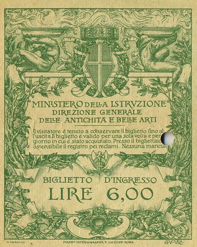 T.8. Pompeii entrance ticket dated 5 Aug 1924 on the rear. 
Entry fee was 6 Lire, a significant increase from the 2.50 Lire of the 1920 ticket.
Photo courtesy of Rick Bauer.
