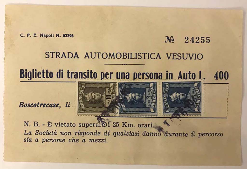 T.27D. 10th August 1973. Second ticket for Strada Automobilistica Vesuvio, possibly for passenger in the car with the first ticket?
Photo courtesy of Rick Bauer.
