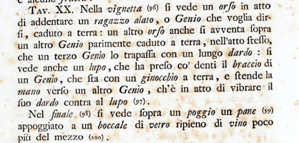 PA.16C. Number DCCLXX. "We see on a platform a loaf leaning on a glass jug which is more than half full with wine".
See Antichità di Ercolano: Tomo Secondo: Le Pitture 2, 1760, vignette on p. 271, note on p. 334.
