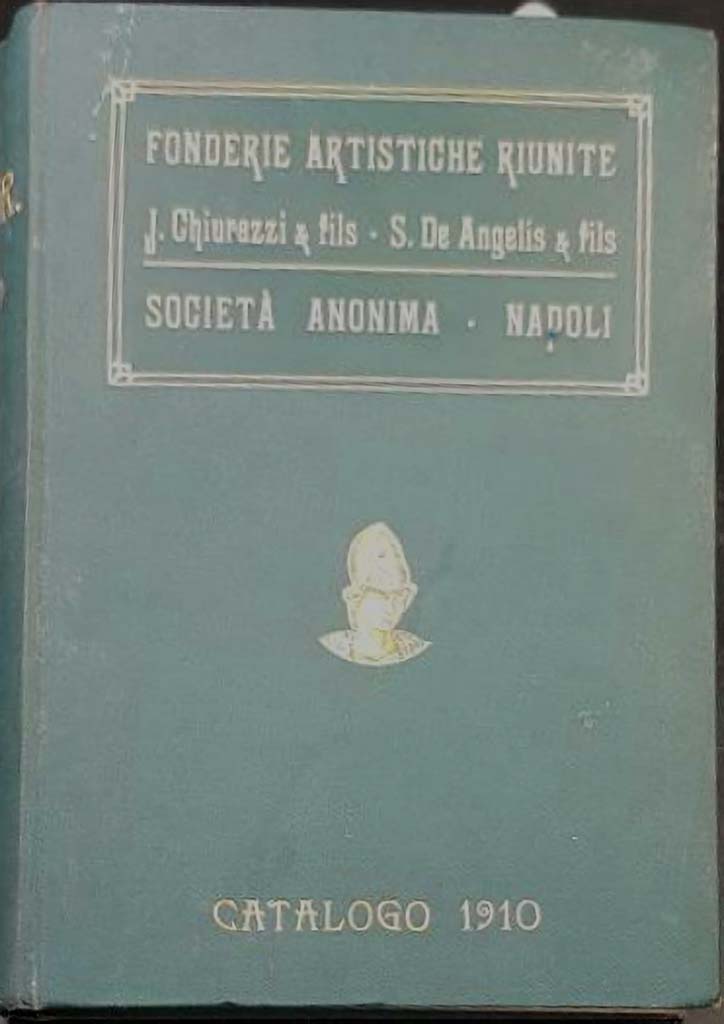 Fonderie Artistiche Riunite J. Chiurazzi & fils – S. De Angelis & fils Catalogo 1910 front cover.
Karl Baedeker, in his widely read guidebook to Southern Italy of 1896, singled out the De Angelis and Chiurazzi foundries as the best producers in Naples of copies of ancient bronzes 
In 1910 the two foundries merged into the Fonderie Artistiche Riunite and offered a wide range of reproductions, from ancient statues to Renaissance and Baroque works.
For the majority of the reproductions, customers could choose among three patinas, ‘Pompéi’, ‘Herculaneum’, or ‘Moderne’, respectively, green, dark brown, and light brown.
By 1915, De Angelis & Fils ceased to exist, having been taken over by the Fonderia Chiurazzi, which continued to produce artistic bronze sculpture, both reproductions and original works, under the name of Chiurazzi Internazionale.
See Ostrow, S. F., 2017. Pietro Tacca’s Fontane dei Mostri Marini: Collecting copies at the end of the Gilded Age. Journal of the History of Collections, p. 13-14.

