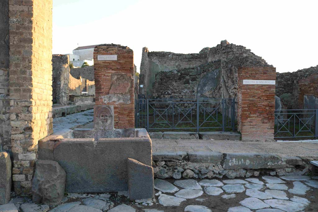 I.4.15 Pompeii. December 2018. Looking east towards entrance doorway, behind fountain on Via Stabiana. Photo courtesy of Aude Durand.