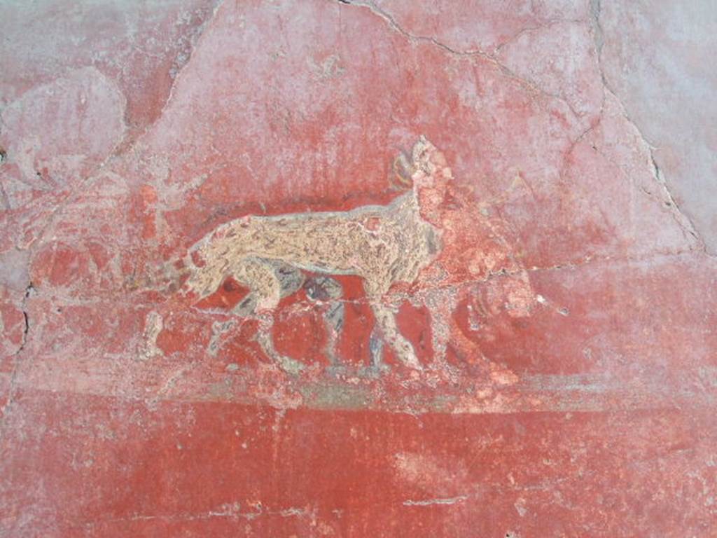 I.6.7 Pompeii. May 2006. Detail of painting of panthers pulling a cart being guided by a cupid, on east wall of atrium.