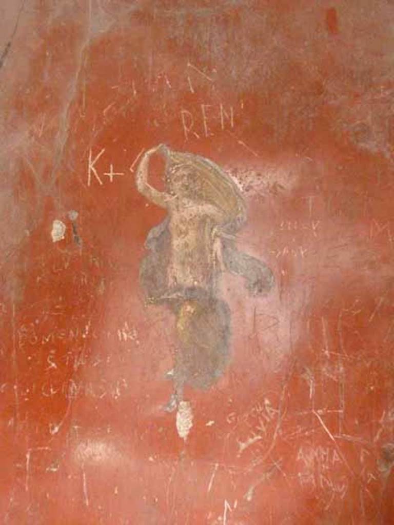 I.6.7 Pompeii. May 2010. Detail of painted flying female figure with surrounding graffiti, on east wall.